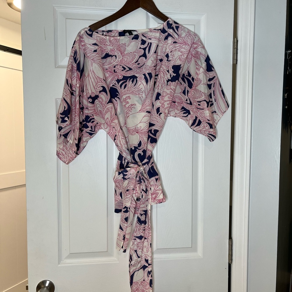 TALBOTS SILK BLEND TIE WAIST BLOUSE WITH DOLMAN SLEEVES, in pink and blue floral